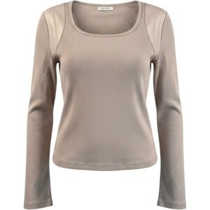 Maeve Anthropologie Womens XL Ribbed Long Sleeve Top Mauve Faux Leather Shoulder